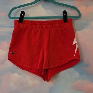 Aviator Nation Red Athletic Shorts with White Lightning Bolt